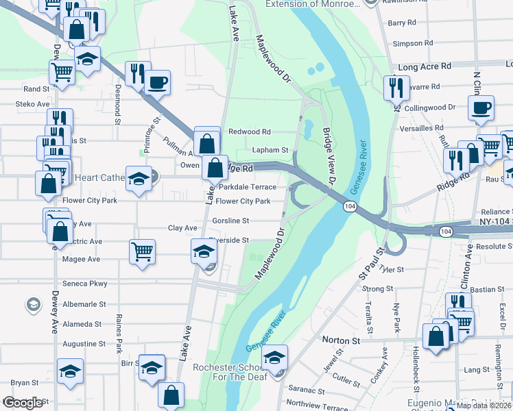 map of restaurants, bars, coffee shops, grocery stores, and more near 73 Flower City Park in Rochester