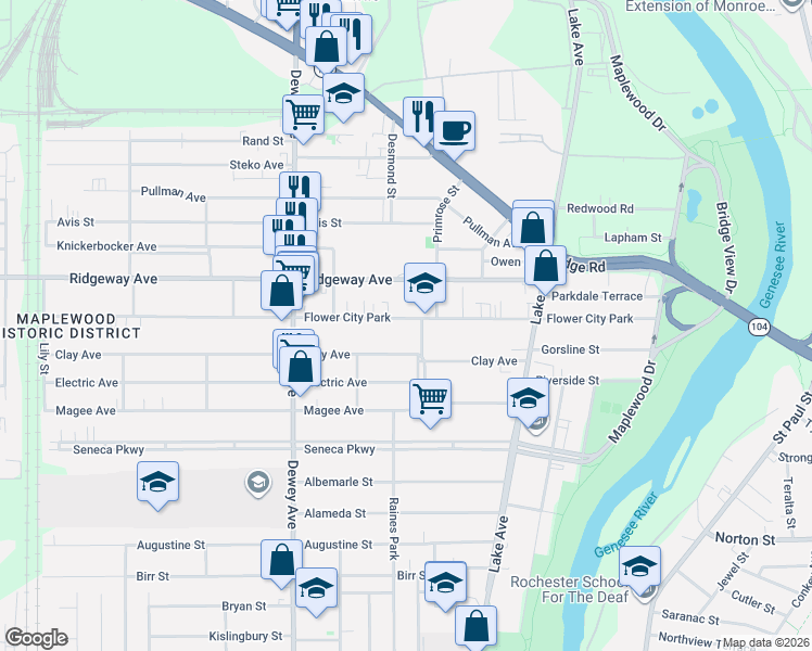 map of restaurants, bars, coffee shops, grocery stores, and more near 341 Flower City Park in Rochester