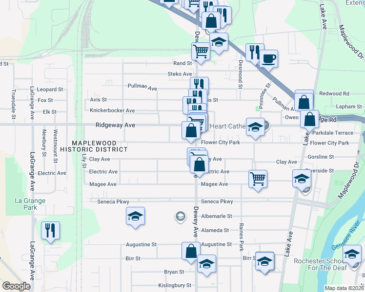map of restaurants, bars, coffee shops, grocery stores, and more near 545 Flower City Park in Rochester