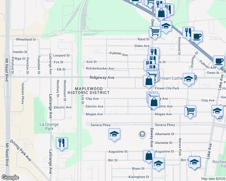 map of restaurants, bars, coffee shops, grocery stores, and more near 703 Flower City Park in Rochester