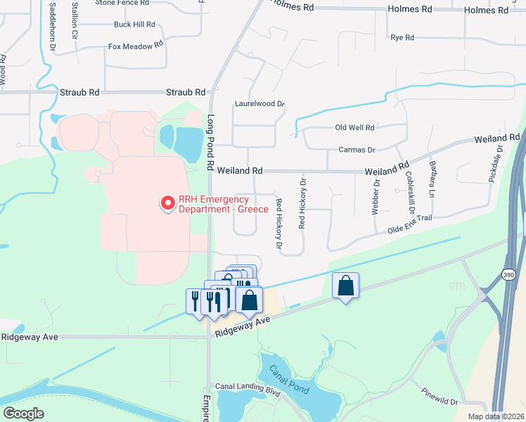 map of restaurants, bars, coffee shops, grocery stores, and more near 88 Dolores Drive in Rochester