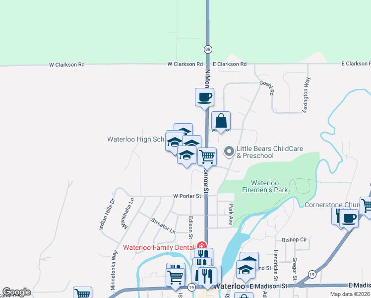 map of restaurants, bars, coffee shops, grocery stores, and more near 865 North Monroe Street in Waterloo