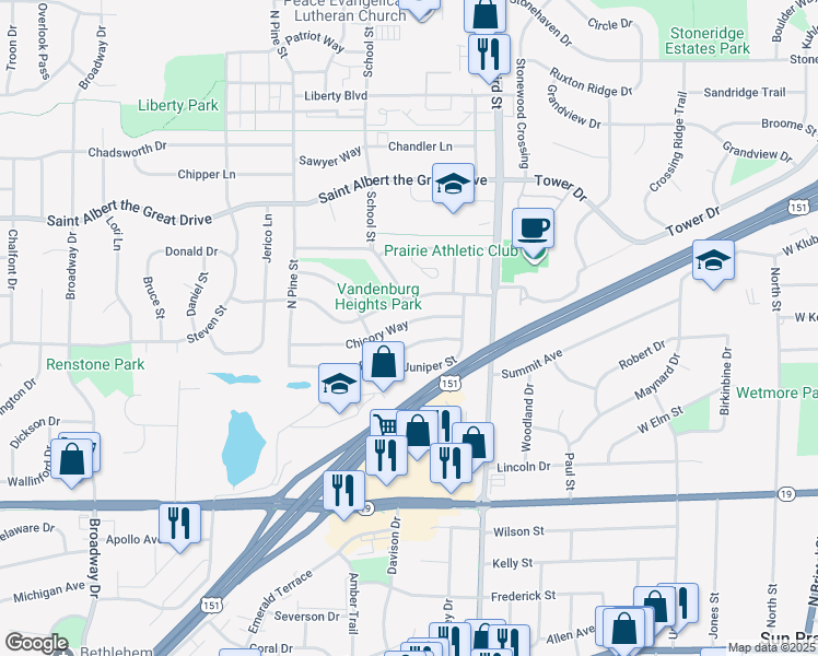 map of restaurants, bars, coffee shops, grocery stores, and more near 1009 Chicory Way in Sun Prairie