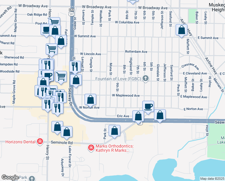 map of restaurants, bars, coffee shops, grocery stores, and more near 3326 Mona Street in Muskegon Heights