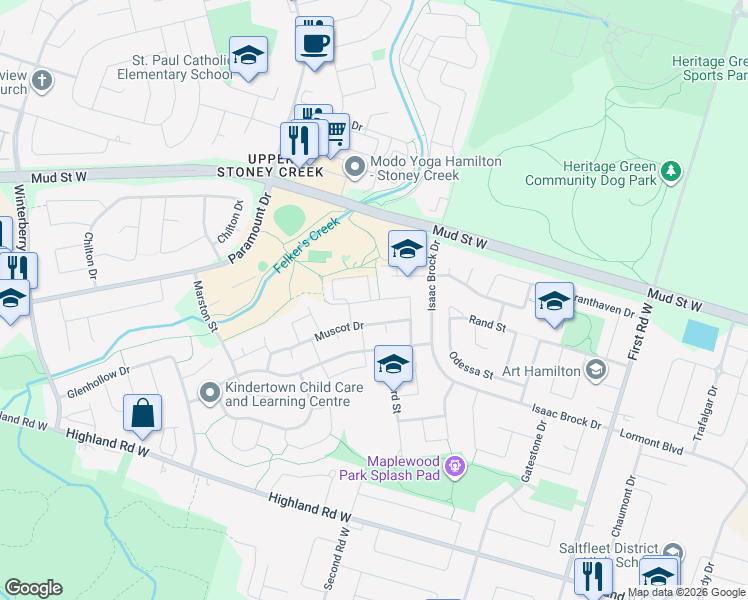map of restaurants, bars, coffee shops, grocery stores, and more near 100 Ventura Drive in Hamilton
