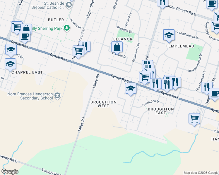 map of restaurants, bars, coffee shops, grocery stores, and more near 38 Assisi Street in Hamilton
