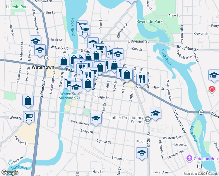 map of restaurants, bars, coffee shops, grocery stores, and more near 608 Jefferson Street in Watertown
