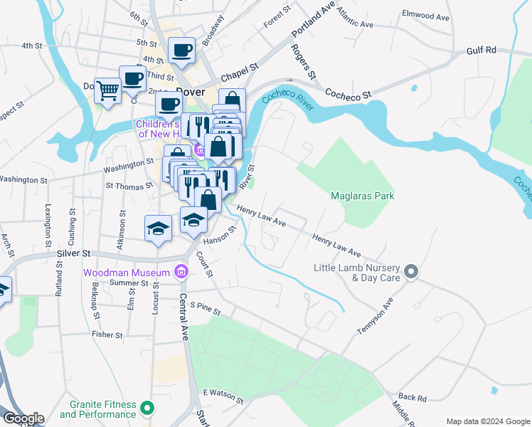 map of restaurants, bars, coffee shops, grocery stores, and more near 102 Henry Law Avenue in Dover