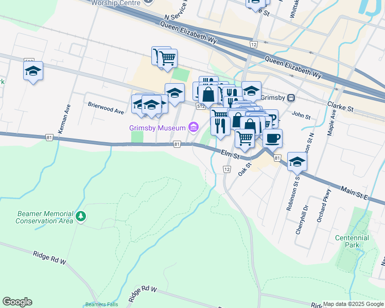 map of restaurants, bars, coffee shops, grocery stores, and more near 100 Gibson Street in Grimsby