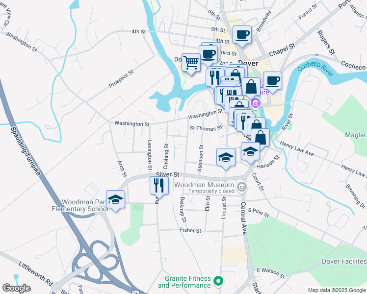 map of restaurants, bars, coffee shops, grocery stores, and more near 33 Belknap Street in Dover
