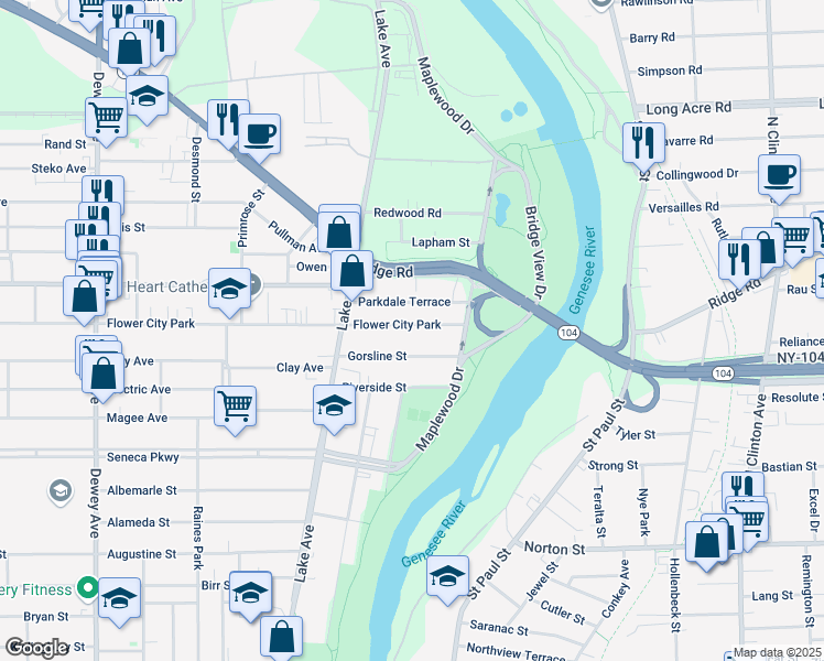 map of restaurants, bars, coffee shops, grocery stores, and more near 73 Flower City Park in Rochester