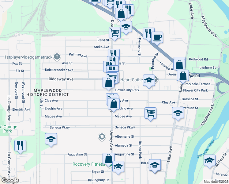map of restaurants, bars, coffee shops, grocery stores, and more near 1408 Dewey Avenue in Rochester