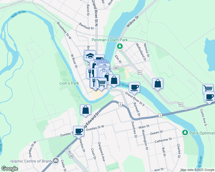 map of restaurants, bars, coffee shops, grocery stores, and more near 11 Grand River Street North in Brant