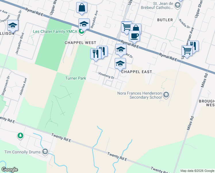 map of restaurants, bars, coffee shops, grocery stores, and more near 1889 Upper Wentworth Street in Hamilton