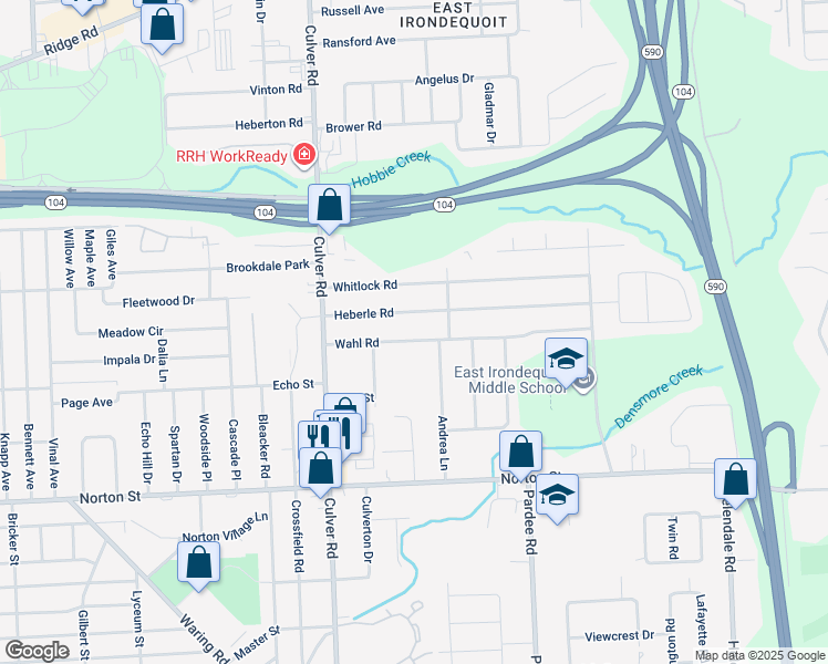 map of restaurants, bars, coffee shops, grocery stores, and more near 124 Wahl Road in Rochester