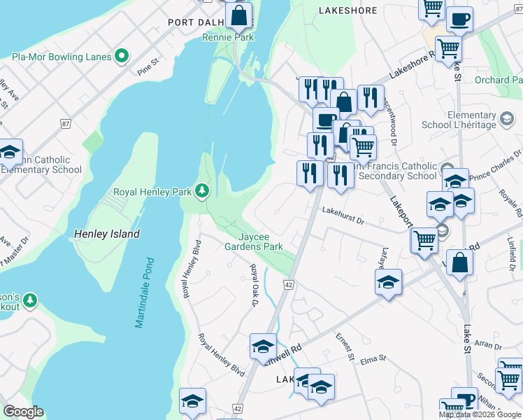 map of restaurants, bars, coffee shops, grocery stores, and more near 37 Ziraldo Road in St. Catharines