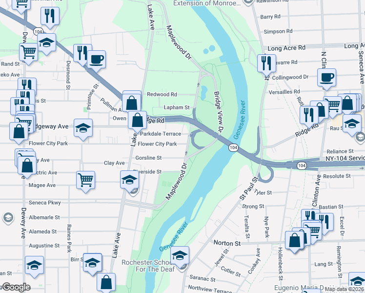 map of restaurants, bars, coffee shops, grocery stores, and more near 11 Flower City Park in Rochester