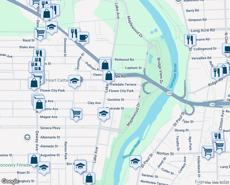 map of restaurants, bars, coffee shops, grocery stores, and more near 125 Flower City Park in Rochester