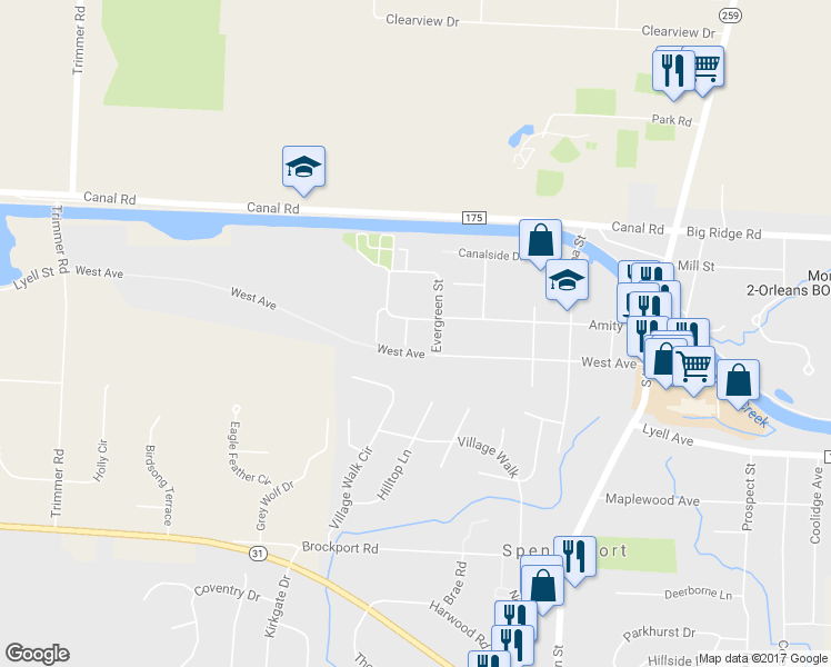 map of restaurants, bars, coffee shops, grocery stores, and more near 6 Jessica Ln in Spencerport