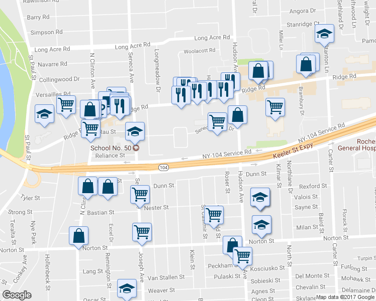 map of restaurants, bars, coffee shops, grocery stores, and more near 253 Seneca Manor Drive in Rochester
