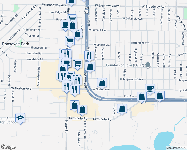 map of restaurants, bars, coffee shops, grocery stores, and more near 3327 Lemuel Street in Muskegon Heights