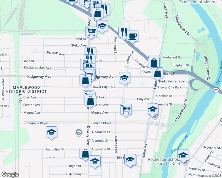 map of restaurants, bars, coffee shops, grocery stores, and more near 393 Flower City Park in Rochester