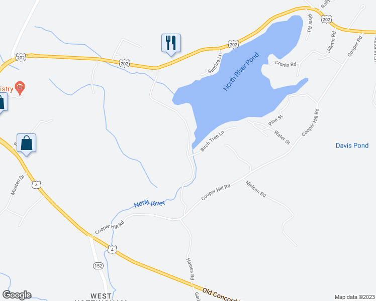 map of restaurants, bars, coffee shops, grocery stores, and more near 38 North River Lake Road in Nottingham