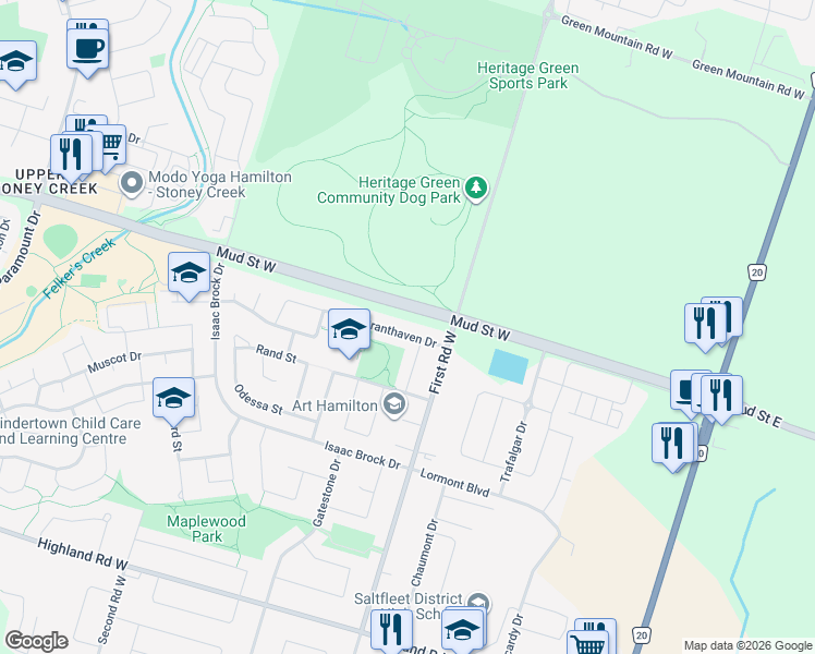 map of restaurants, bars, coffee shops, grocery stores, and more near 24 Branthaven Drive in Hamilton
