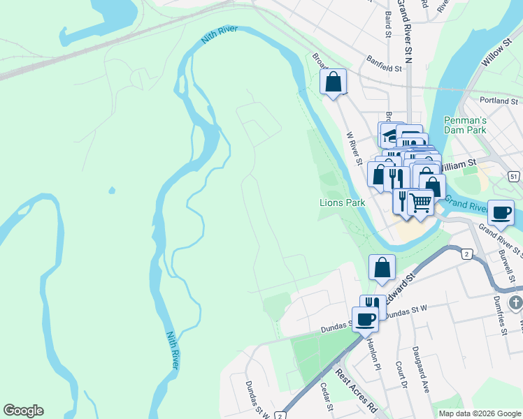 map of restaurants, bars, coffee shops, grocery stores, and more near 102 Gort Avenue in Brant