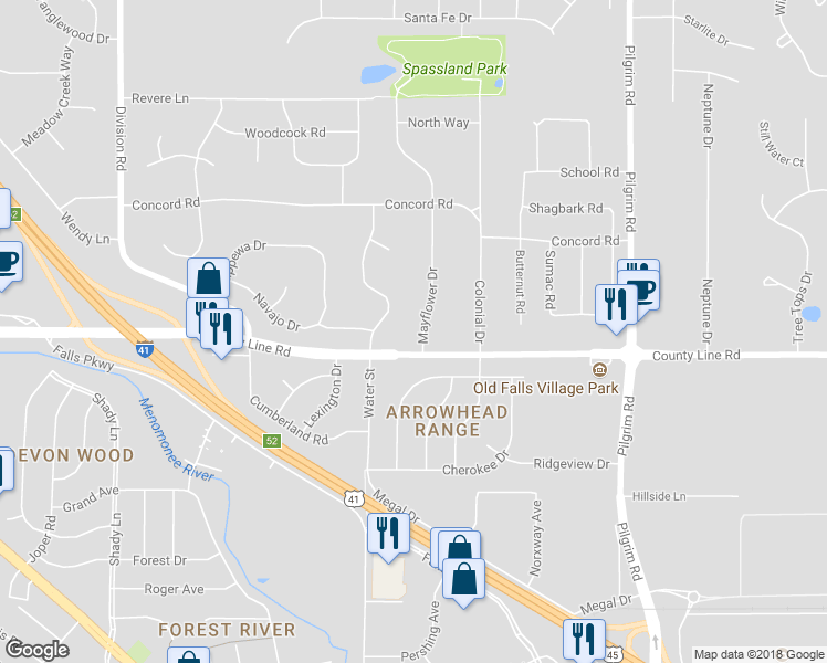 map of restaurants, bars, coffee shops, grocery stores, and more near W162N9627 Mayflower Drive in Germantown