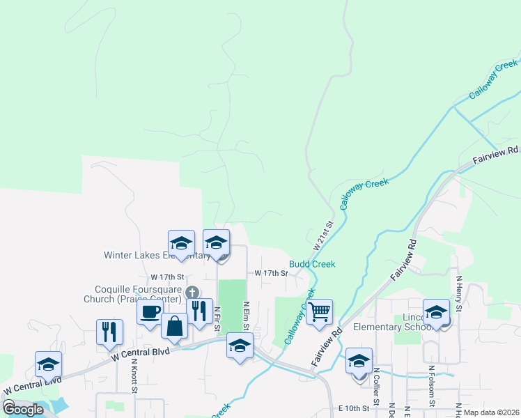 map of restaurants, bars, coffee shops, grocery stores, and more near 442 West 19th Street in Coquille