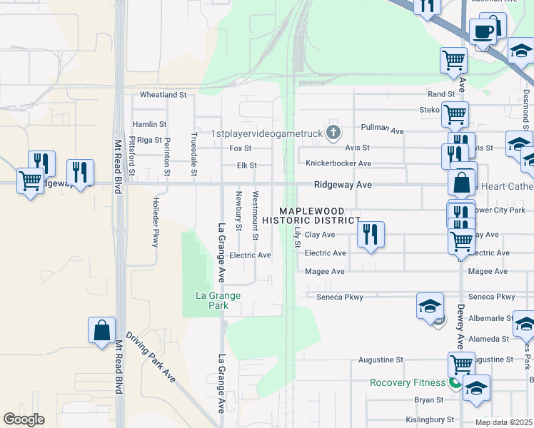 map of restaurants, bars, coffee shops, grocery stores, and more near 541 Ramona Street in Rochester