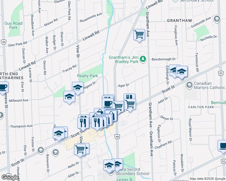 map of restaurants, bars, coffee shops, grocery stores, and more near 473 Niagara Street in St. Catharines