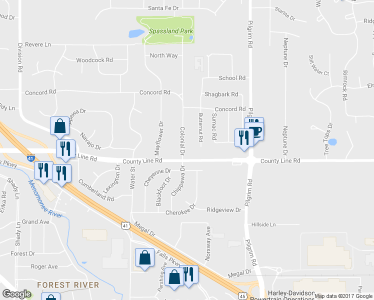 map of restaurants, bars, coffee shops, grocery stores, and more near W160N9636 Colonial Drive in Germantown