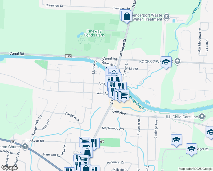 map of restaurants, bars, coffee shops, grocery stores, and more near 11 Amity Street in Spencerport