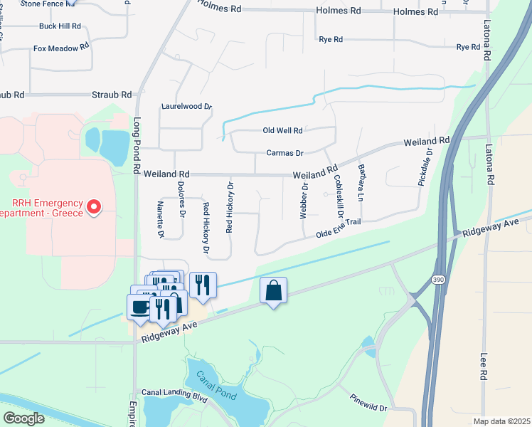 map of restaurants, bars, coffee shops, grocery stores, and more near 86 Weiland Woods Lane in Rochester