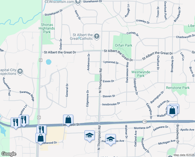 map of restaurants, bars, coffee shops, grocery stores, and more near 955 North Thompson Road in Sun Prairie
