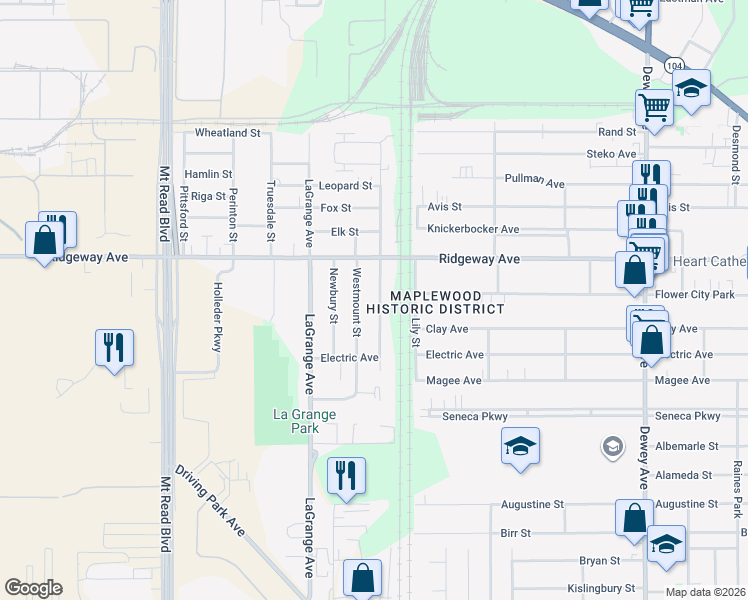 map of restaurants, bars, coffee shops, grocery stores, and more near 541 Ramona Street in Rochester