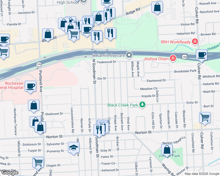 map of restaurants, bars, coffee shops, grocery stores, and more near 233 Knapp Avenue in Rochester