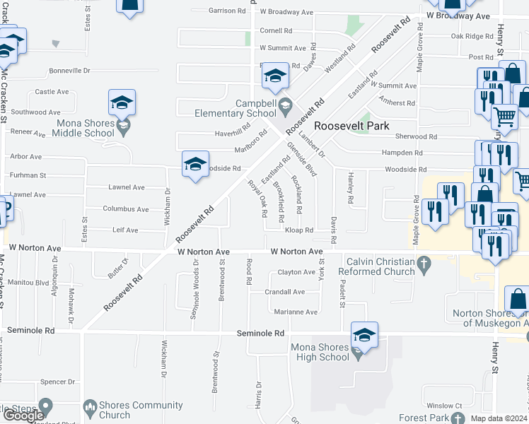 map of restaurants, bars, coffee shops, grocery stores, and more near Royal Oak Road in Muskegon