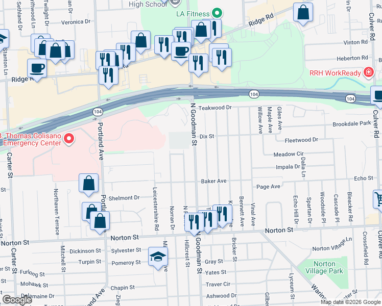 map of restaurants, bars, coffee shops, grocery stores, and more near 1999 North Goodman Street in Irondequoit