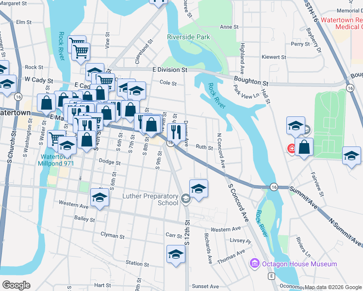 map of restaurants, bars, coffee shops, grocery stores, and more near 1006 Wisconsin 16 Business in Watertown