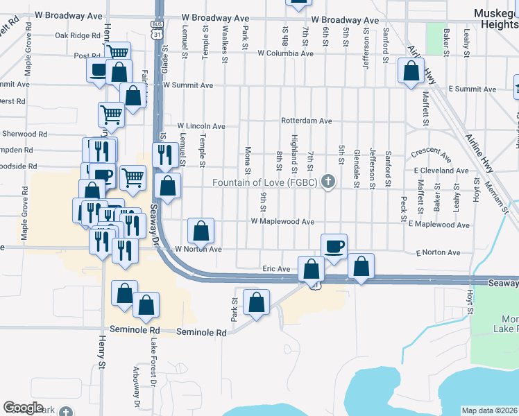 map of restaurants, bars, coffee shops, grocery stores, and more near 3326 Mona Street in Muskegon Heights