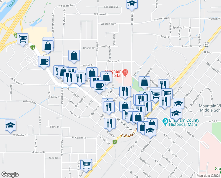 map of restaurants, bars, coffee shops, grocery stores, and more near 467 West Pacific Street in Blackfoot
