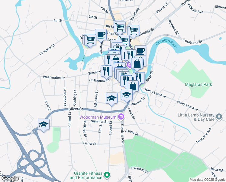 map of restaurants, bars, coffee shops, grocery stores, and more near 21 Kirkland Street in Dover