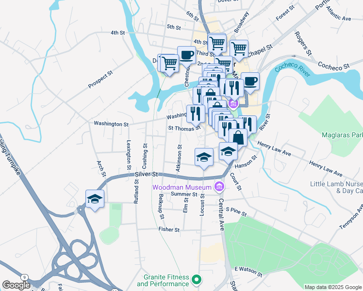 map of restaurants, bars, coffee shops, grocery stores, and more near 43 Atkinson Street in Dover