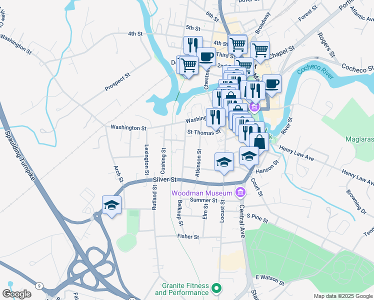map of restaurants, bars, coffee shops, grocery stores, and more near 33 Belknap Street in Dover