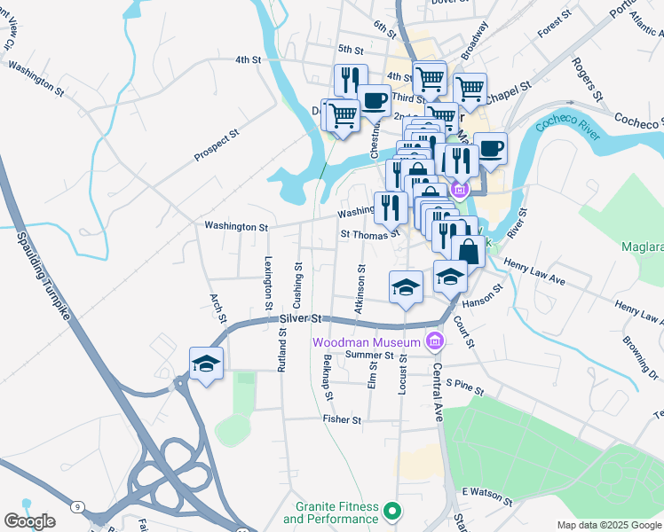 map of restaurants, bars, coffee shops, grocery stores, and more near 31-33 Belknap Street in Dover