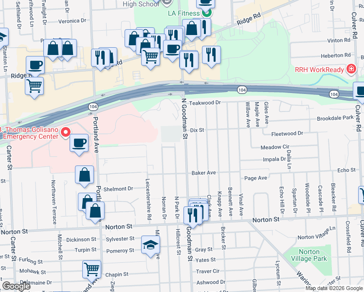 map of restaurants, bars, coffee shops, grocery stores, and more near 1999 North Goodman Street in Irondequoit