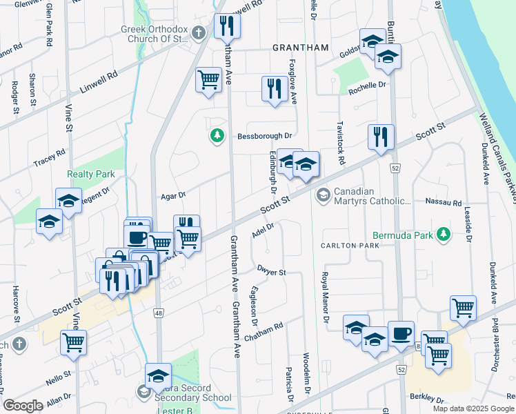 map of restaurants, bars, coffee shops, grocery stores, and more near 477 Scott Street in St. Catharines